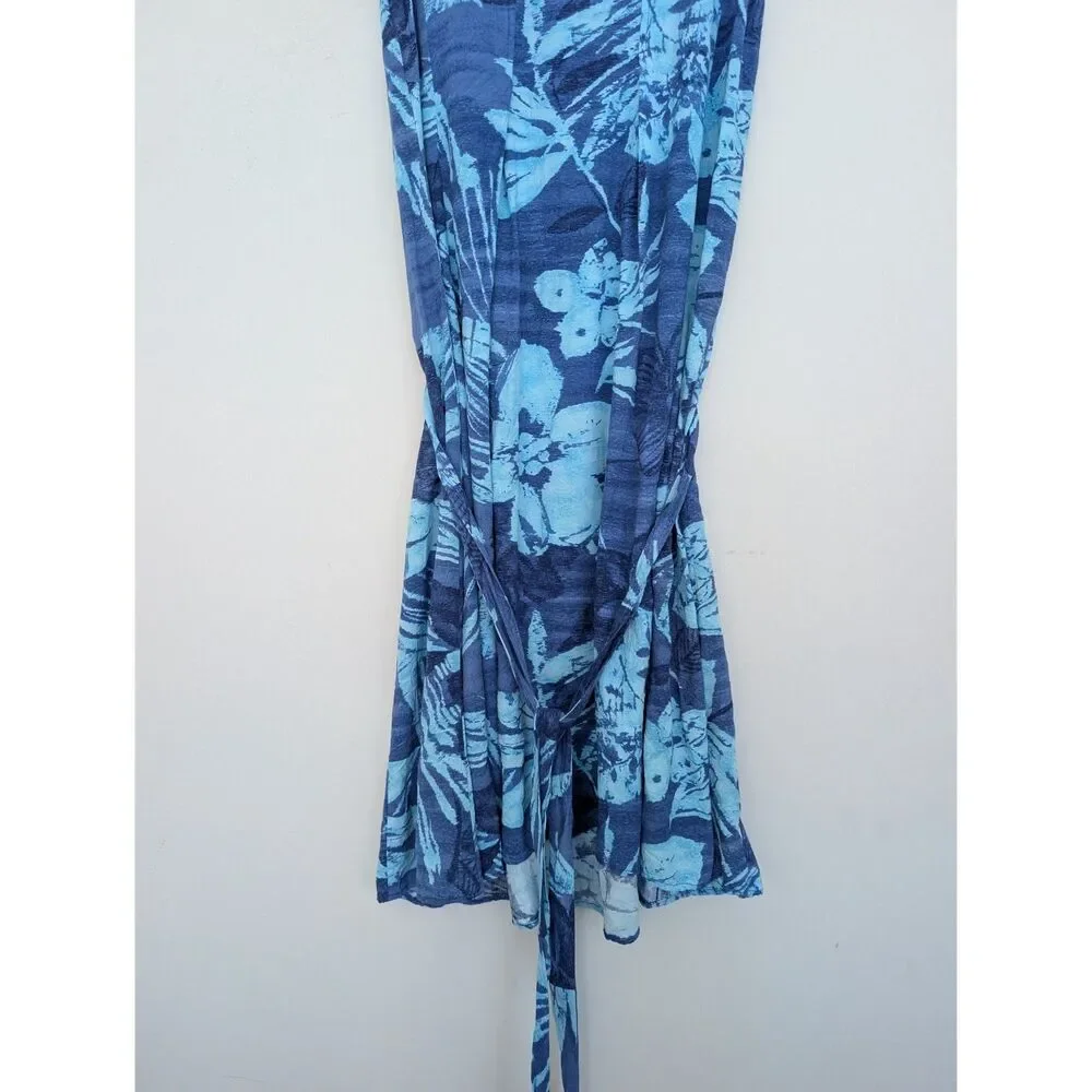 Jams World Blue Tropical Floral Print Sleeveless Babydoll Tie Dress Sz M